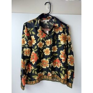 New Chelsea & Violet Black Orange Floral Print Popover Blouse Shirt Size 2